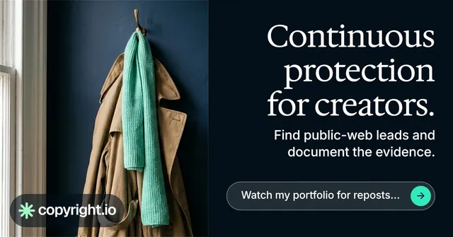 Social ad for copyright.io: "Continuous protection for creators." Agentic glass style, right layout, dark palette in black, grey.
