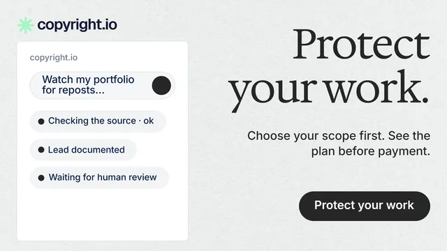 Landscape graphic for copyright.io: "Protect your work." Data card style, right layout, light palette in white, grey.