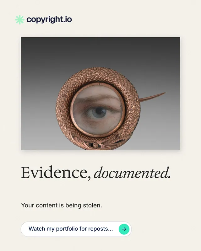 Instagram portrait post for copyright.io: "Evidence, documented." Agentic glass style, bottom layout, light palette in white, grey.