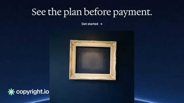 Landscape graphic for copyright.io: "See the plan before payment." Agentic glass style, ogui layout, dark palette in black, blue, grey.