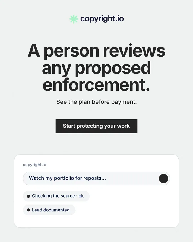 Instagram portrait post for copyright.io: "A person reviews any proposed enforcement." Swiss style, centred layout, light palette in white, grey.