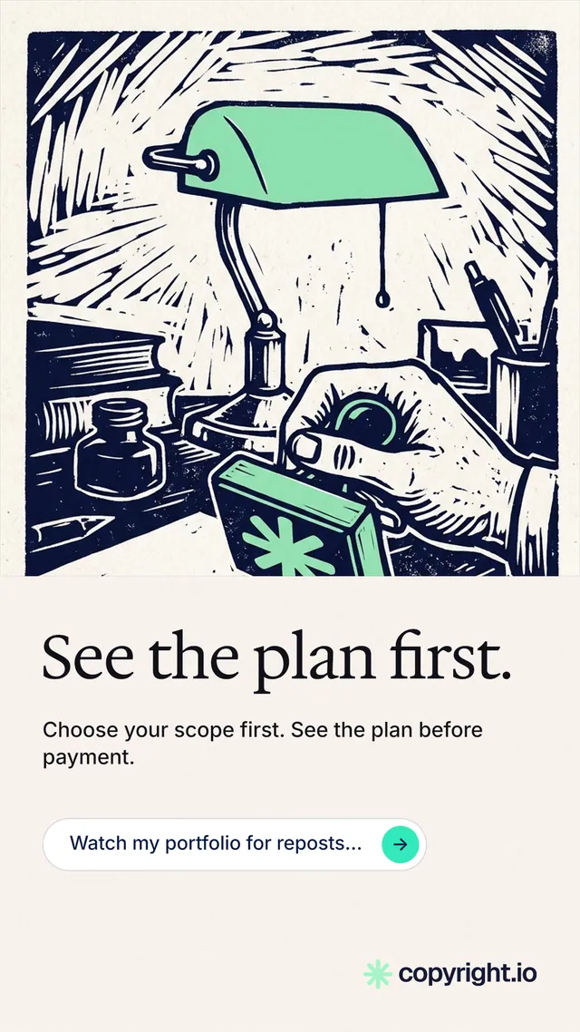 Instagram story for copyright.io: "See the plan first." Agentic glass style, bottom layout, light palette in white, grey.