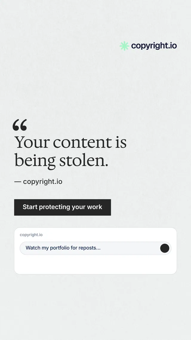Instagram story for copyright.io: "Your content is being stolen." Swiss style, quote layout, light palette in white, grey.