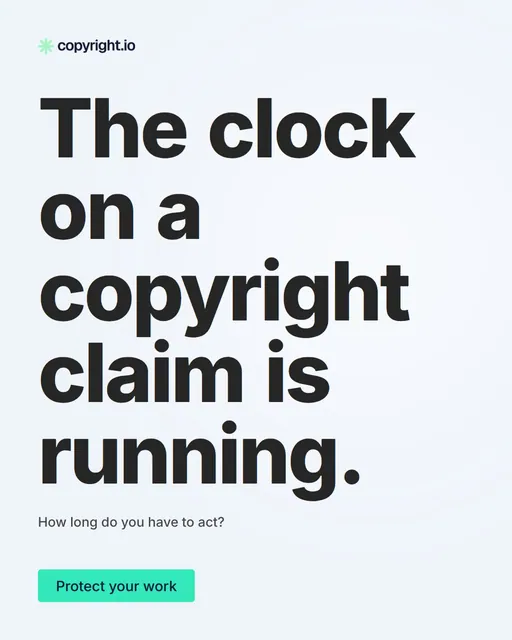 Video for copyright.io: "The clock on a copyright claim is running.". Doc motion loop, 6.0 s, light palette.