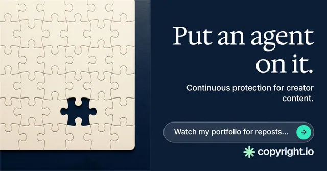 Social ad for copyright.io: "Put an agent on it." Agentic glass style, right layout, dark palette in blue, yellow, grey.