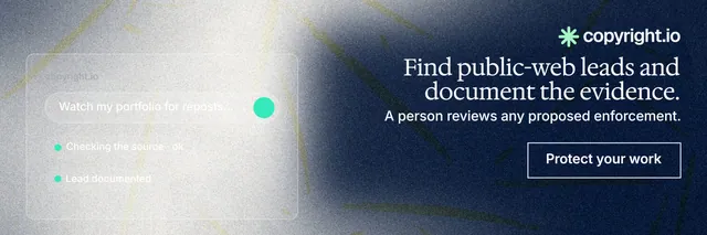 X header for copyright.io: "Find public-web leads and document the evidence." Cyanotype style, right layout, light palette in blue, grey, white.