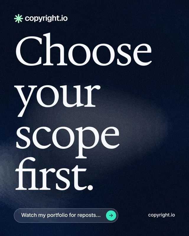 Instagram portrait post for copyright.io: "Choose your scope first." Thermal style, poster layout, dark palette in black, blue, grey.