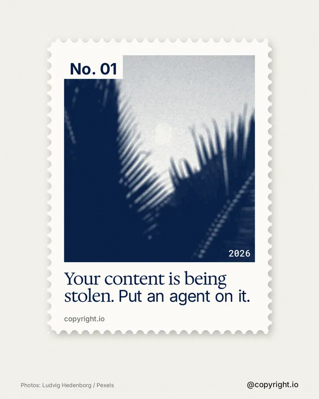 Instagram portrait post for copyright.io: "Your content is being stolen. Put an agent on it." Single style, technique:stamp series layout, light palette in white, blue.