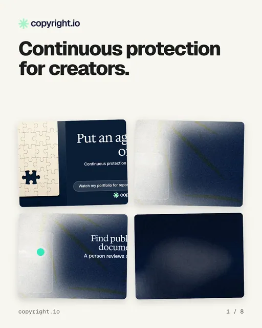 Carousel for copyright.io: "Continuous protection for creators.". Collection carousel, 8 slides, light palette.