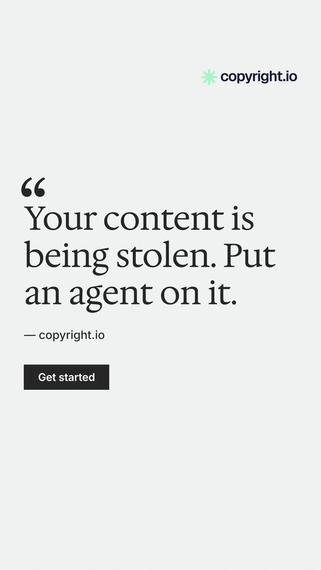 Instagram story for copyright.io: "Your content is being stolen. Put an agent on it." Swiss style, quote layout, light palette in white.