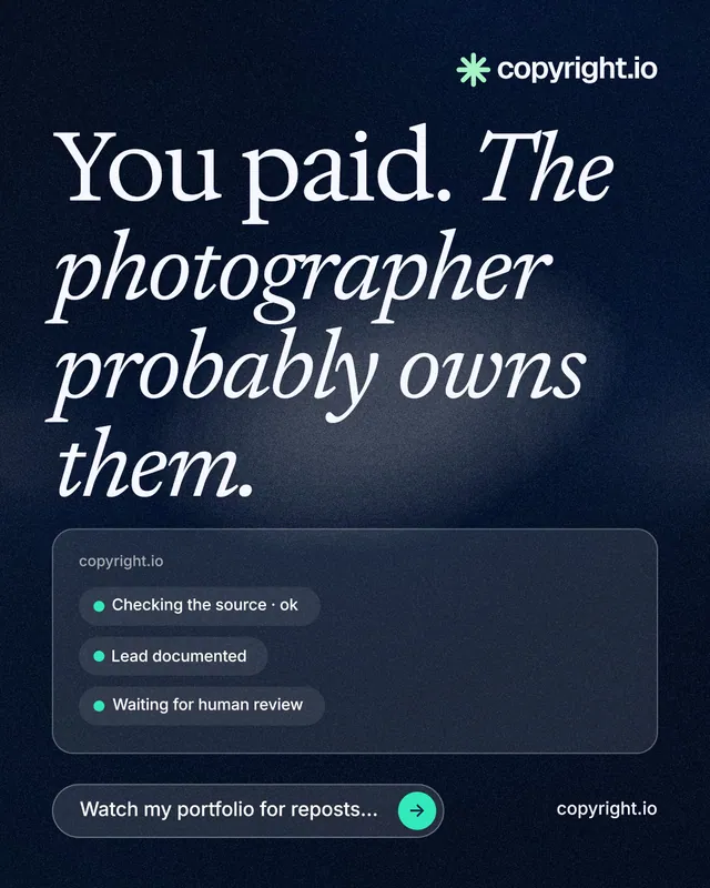 Instagram portrait post for copyright.io: "You paid. The photographer probably owns them." Thermal style, poster layout, dark palette in blue, black, grey.