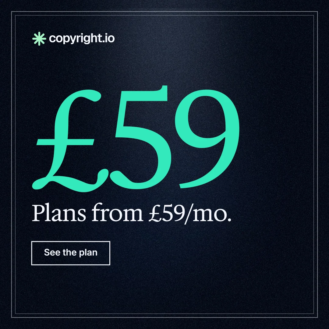 Instagram post for copyright.io: "Your content is being stolen. Put an agent on it." Dark deco style, stat layout, dark palette in black, teal.