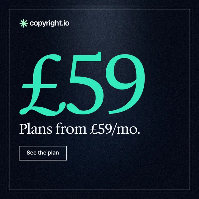 Instagram post for copyright.io: "Your content is being stolen. Put an agent on it." Dark deco style, stat layout, dark palette in black, teal.