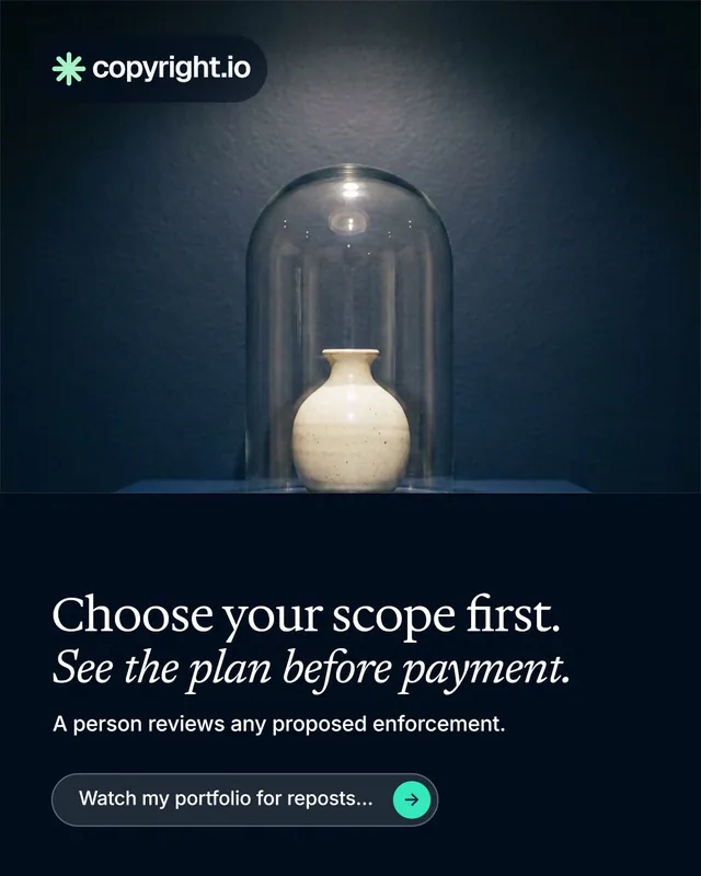 Instagram portrait post for copyright.io: "Choose your scope first. See the plan before payment." Agentic glass style, bottom layout, dark palette in blue, black, grey.