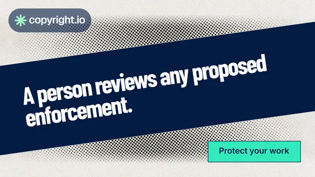 Landscape graphic for copyright.io: "A person reviews any proposed enforcement." Ink sticker style, diagonal layout, light palette in blue, white, grey.
