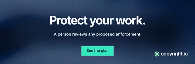 X header for copyright.io: "Protect your work." Swiss style, centred layout, dark palette in black, blue, teal.