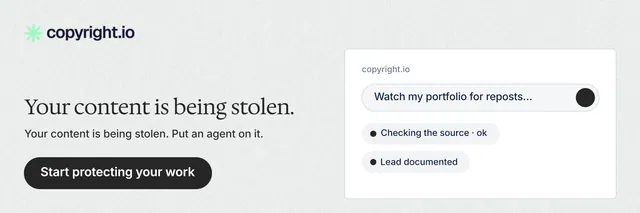 X header for copyright.io: "Your content is being stolen." Data card style, bottom layout, light palette in white, grey.