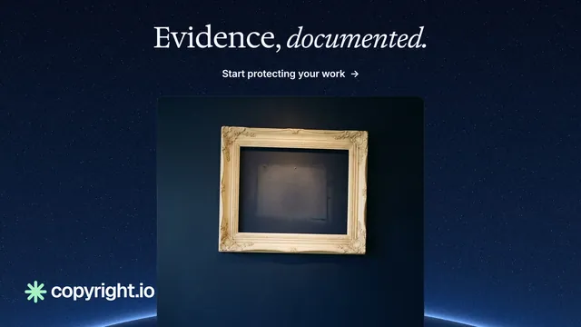 Landscape graphic for copyright.io: "Evidence, documented." Agentic glass style, ogui layout, dark palette in black, blue, grey.