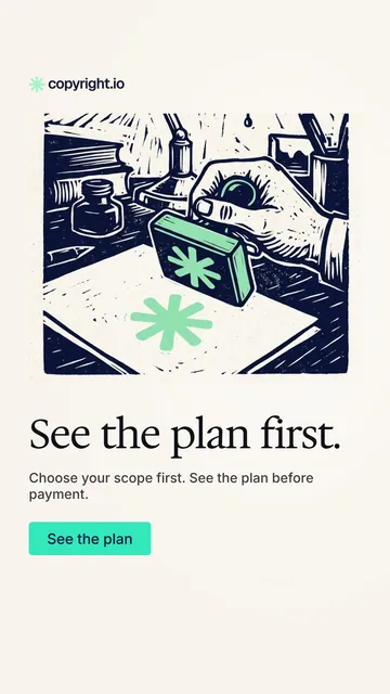 Video for copyright.io: "See the plan first.". Doc motion loop, 6.0 s, light palette.