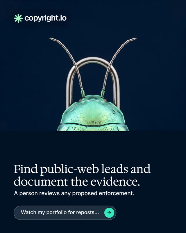 Instagram portrait post for copyright.io: "Find public-web leads and document the evidence." Agentic glass style, bottom layout, dark palette in black, blue.