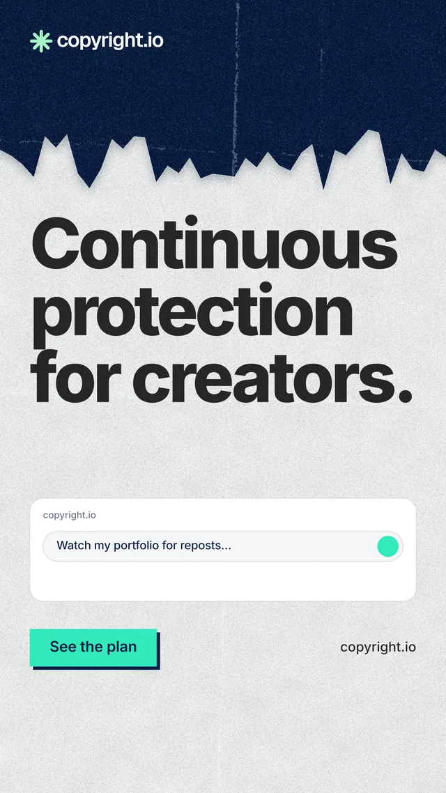 Instagram story for copyright.io: "Continuous protection for creators." Paper trio style, poster layout, light palette in white, blue, grey.
