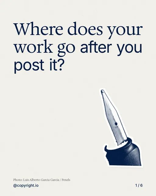 Carousel for copyright.io: "Where does your work go after you post it?". Cutout essay, 6 slides, light palette.