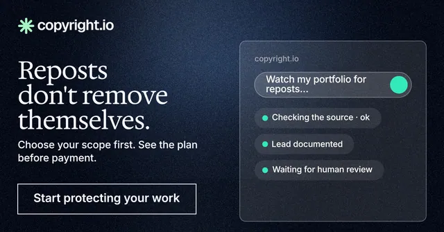 Social ad for copyright.io: "Reposts don't remove themselves." Dark deco style, bottom layout, dark palette in black, blue, grey.
