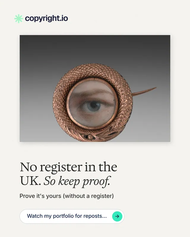 Instagram portrait post for copyright.io: "No register in the UK. So keep proof." Agentic glass style, bottom layout, light palette in white, grey.