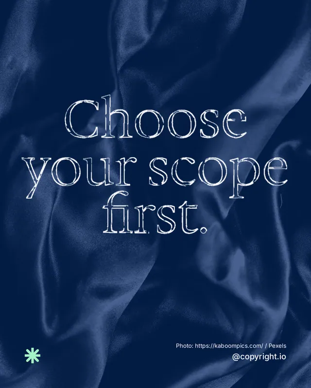 Instagram portrait post for copyright.io: "Choose your scope first." Scribble style, technique:raster type fx layout, dark palette in blue.