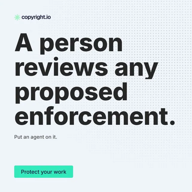 Video for copyright.io: "A person reviews any proposed enforcement.". Doc motion loop, 7.0 s, light palette.
