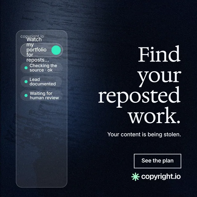 Instagram post for copyright.io: "Find your reposted work." Dark deco style, right layout, dark palette in blue, grey, black.