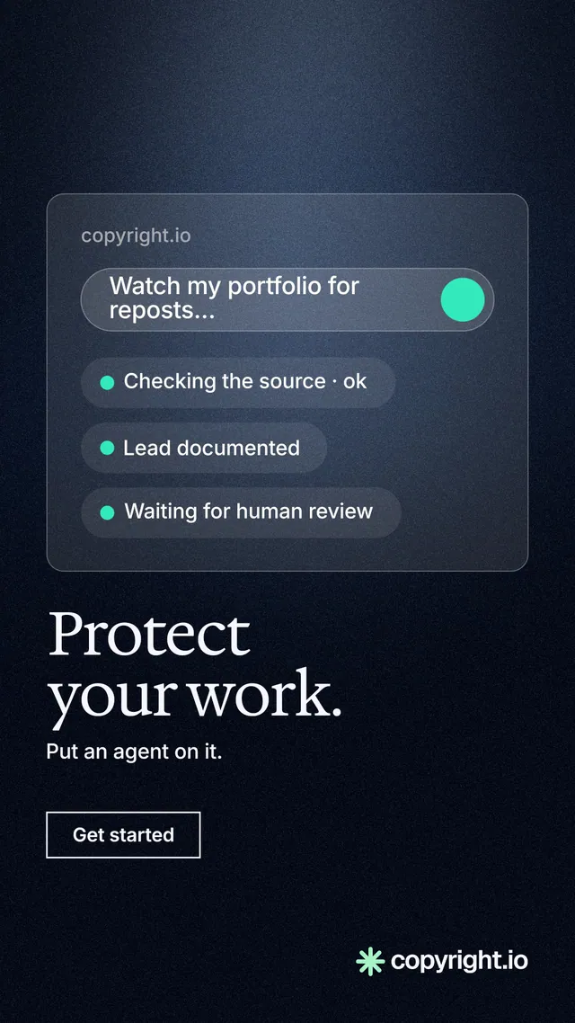 Instagram story for copyright.io: "Protect your work." Dark deco style, bottom layout, dark palette in black, blue, grey.