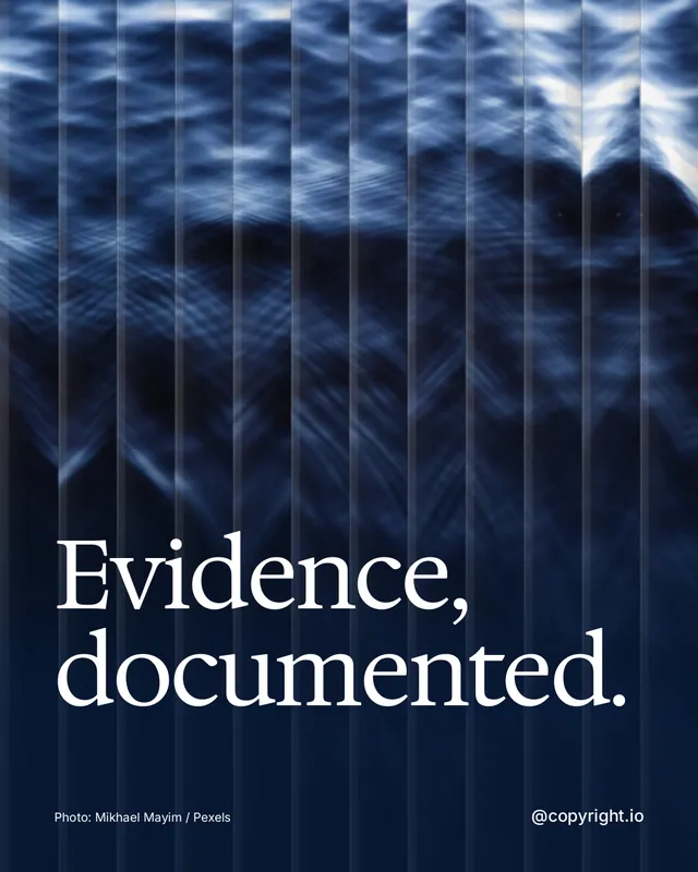 Instagram portrait post for copyright.io: "Evidence, documented." Photo style, technique:fluted glass layout, dark palette in blue, black.
