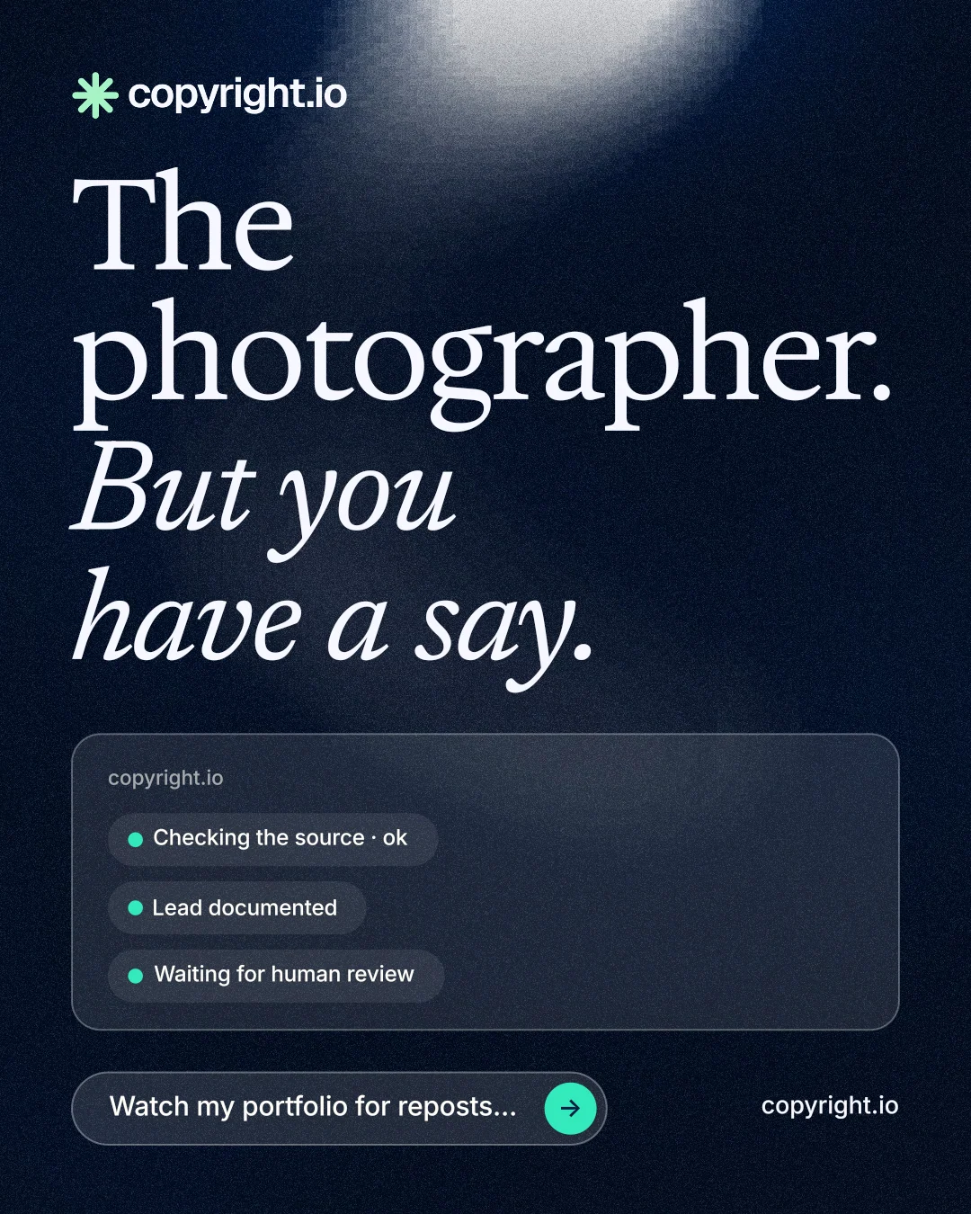 Instagram portrait post for copyright.io: "The photographer. But you have a say." Thermal style, poster layout, dark palette in blue, black, grey.