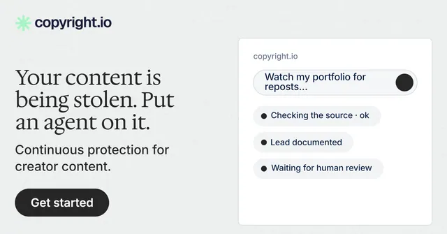 Social ad for copyright.io: "Your content is being stolen. Put an agent on it." Data card style, bottom layout, light palette in white, grey.