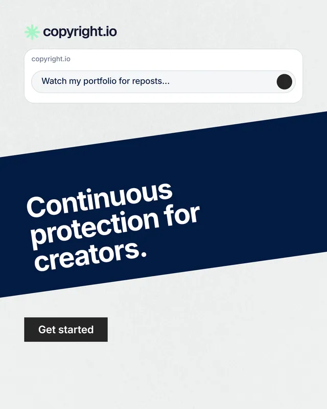 Instagram portrait post for copyright.io: "Continuous protection for creators." Swiss style, diagonal layout, light palette in white, blue, grey.
