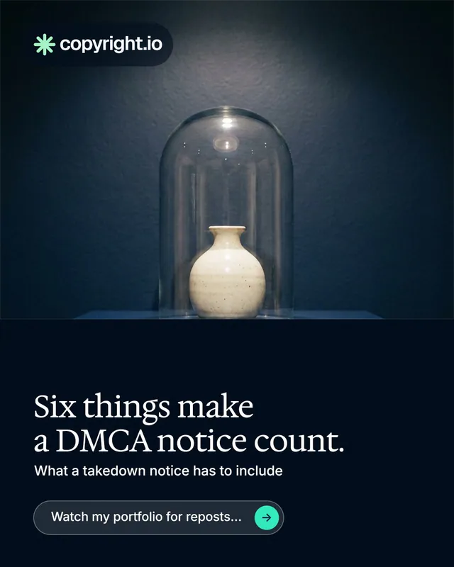 Instagram portrait post for copyright.io: "Six things make a DMCA notice count." Agentic glass style, bottom layout, dark palette in blue, black, grey.
