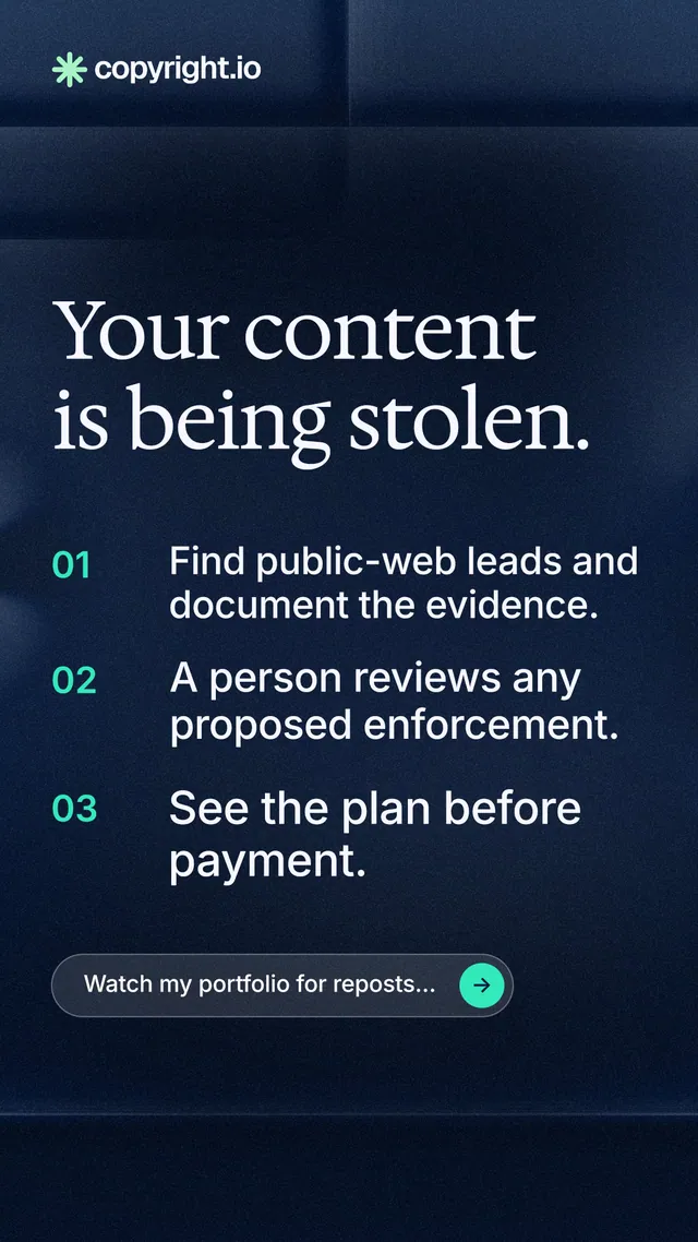 Instagram story for copyright.io: "Your content is being stolen." Agentic glass style, numbered layout, dark palette in blue, black.