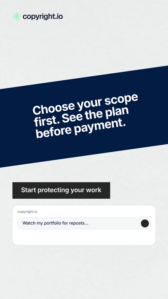 Instagram story for copyright.io: "Choose your scope first. See the plan before payment." Swiss style, diagonal layout, light palette in white, blue, grey.