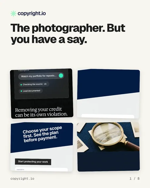 Carousel for copyright.io: "The photographer. But you have a say.". Collection carousel, 8 slides, light palette.