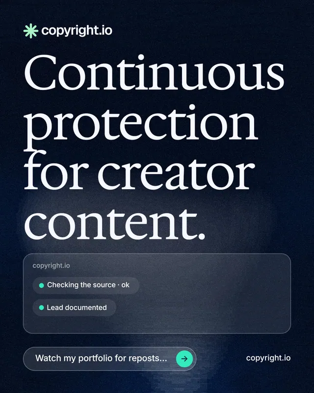 Instagram portrait post for copyright.io: "Continuous protection for creator content." Thermal style, poster layout, dark palette in blue, black, grey.