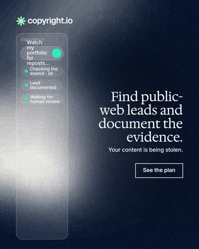 Instagram portrait post for copyright.io: "Find public-web leads and document the evidence." Cyanotype style, right layout, dark palette in black, grey, blue.