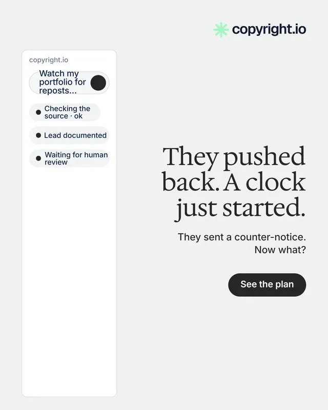Instagram portrait post for copyright.io: "They pushed back. A clock just started." Data card style, right layout, light palette in white.