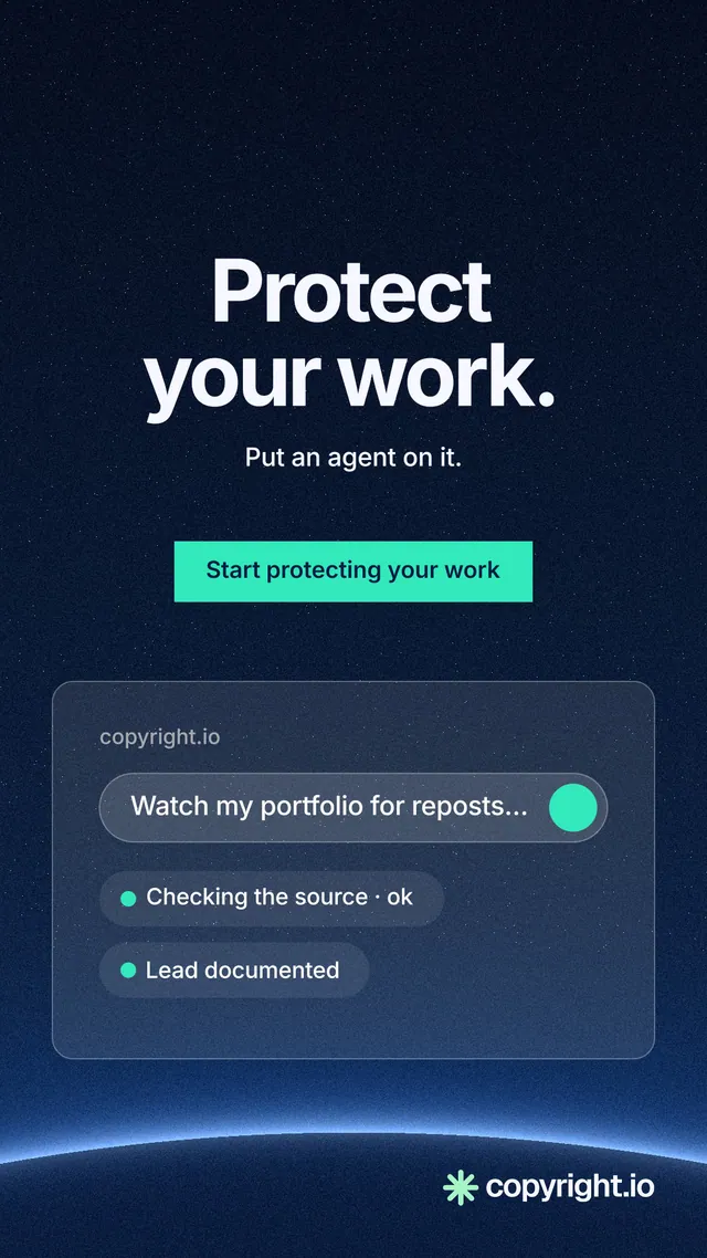 Instagram story for copyright.io: "Protect your work." Swiss style, centred layout, dark palette in blue, black.