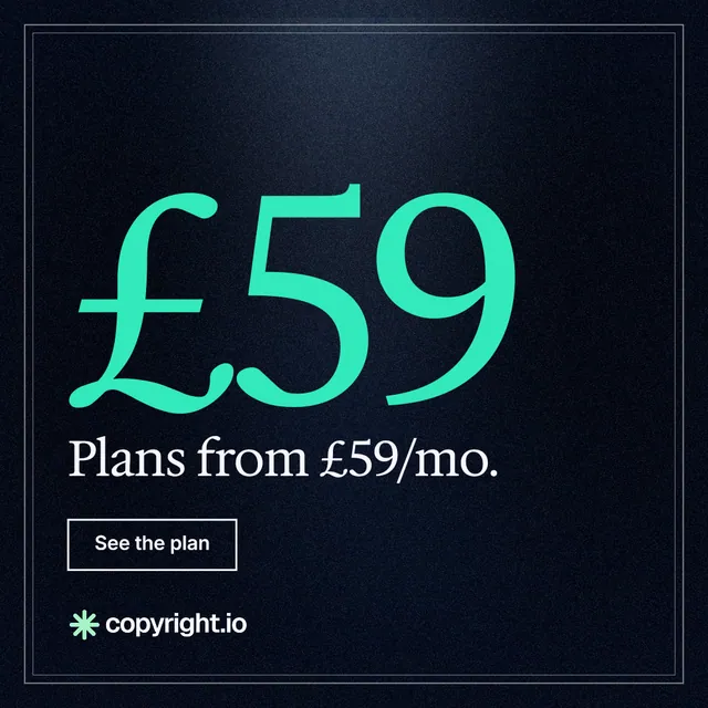 Instagram post for copyright.io: "Your content is being stolen. Put an agent on it." Dark deco style, stat layout, dark palette in black, teal.