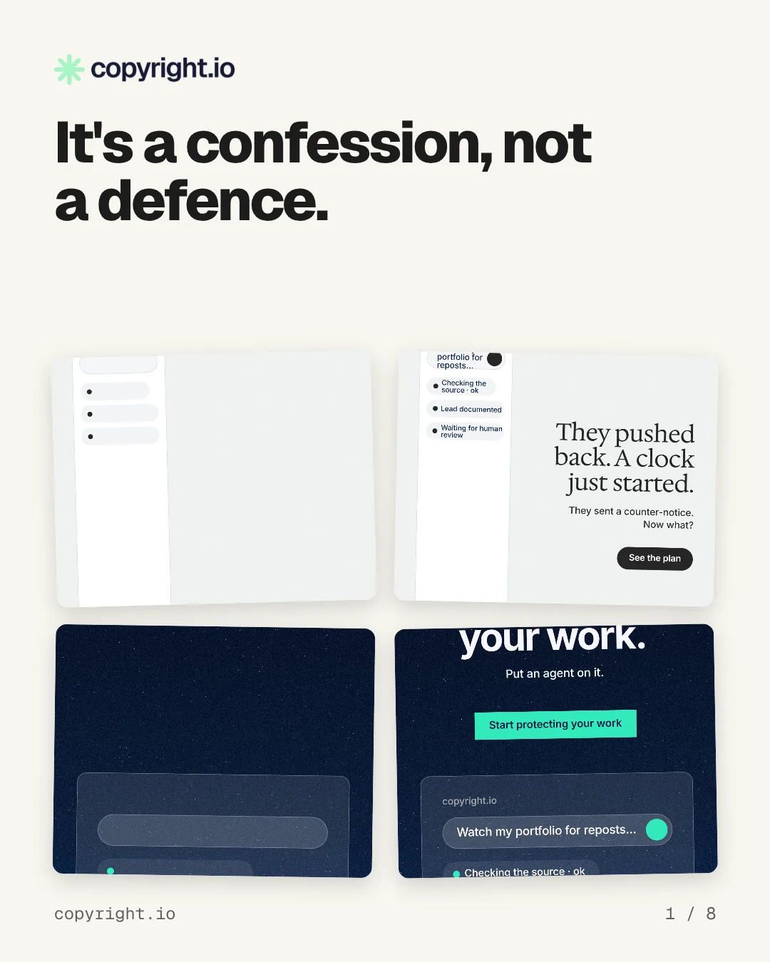 Carousel for copyright.io: "It's a confession, not a defence.". Collection carousel, 8 slides, light palette.