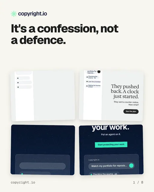Carousel for copyright.io: "It's a confession, not a defence.". Collection carousel, 8 slides, light palette.