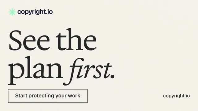 Landscape graphic for copyright.io: "See the plan first." Editorial style, poster layout, light palette in white.