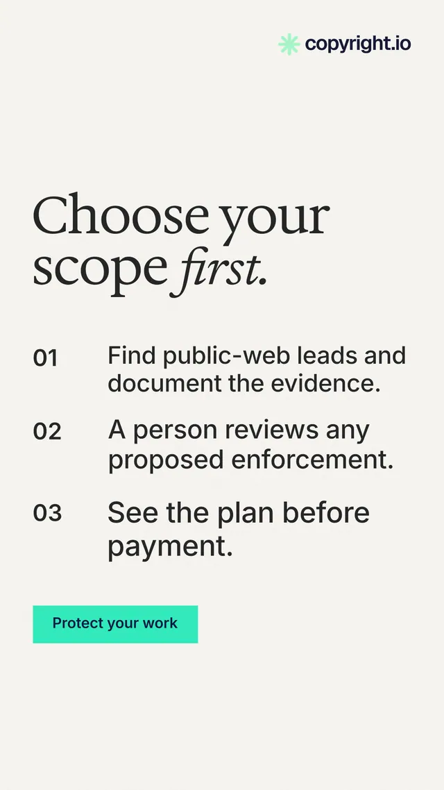 Instagram story for copyright.io: "Choose your scope first." Swiss style, numbered layout, light palette in white, grey.