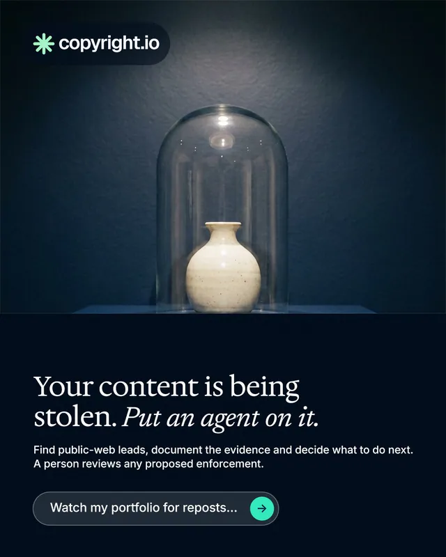 Instagram portrait post for copyright.io: "Your content is being stolen. Put an agent on it." Agentic glass style, bottom layout, dark palette in blue, black, grey.